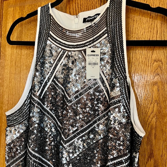 NWT Express Sequin Dress Gatsby 20s Art Deco Aztec mini dress shoulder cut out - Picture 4 of 5